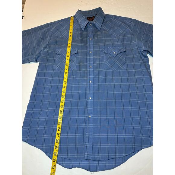 Plains Western Wear Mens Pearl Snap Short Sleeve Blue Plaid Shirt Size Large - Picture 2 of 6